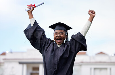 Buy stock photo Portrait of a young woman cheering on graduation day