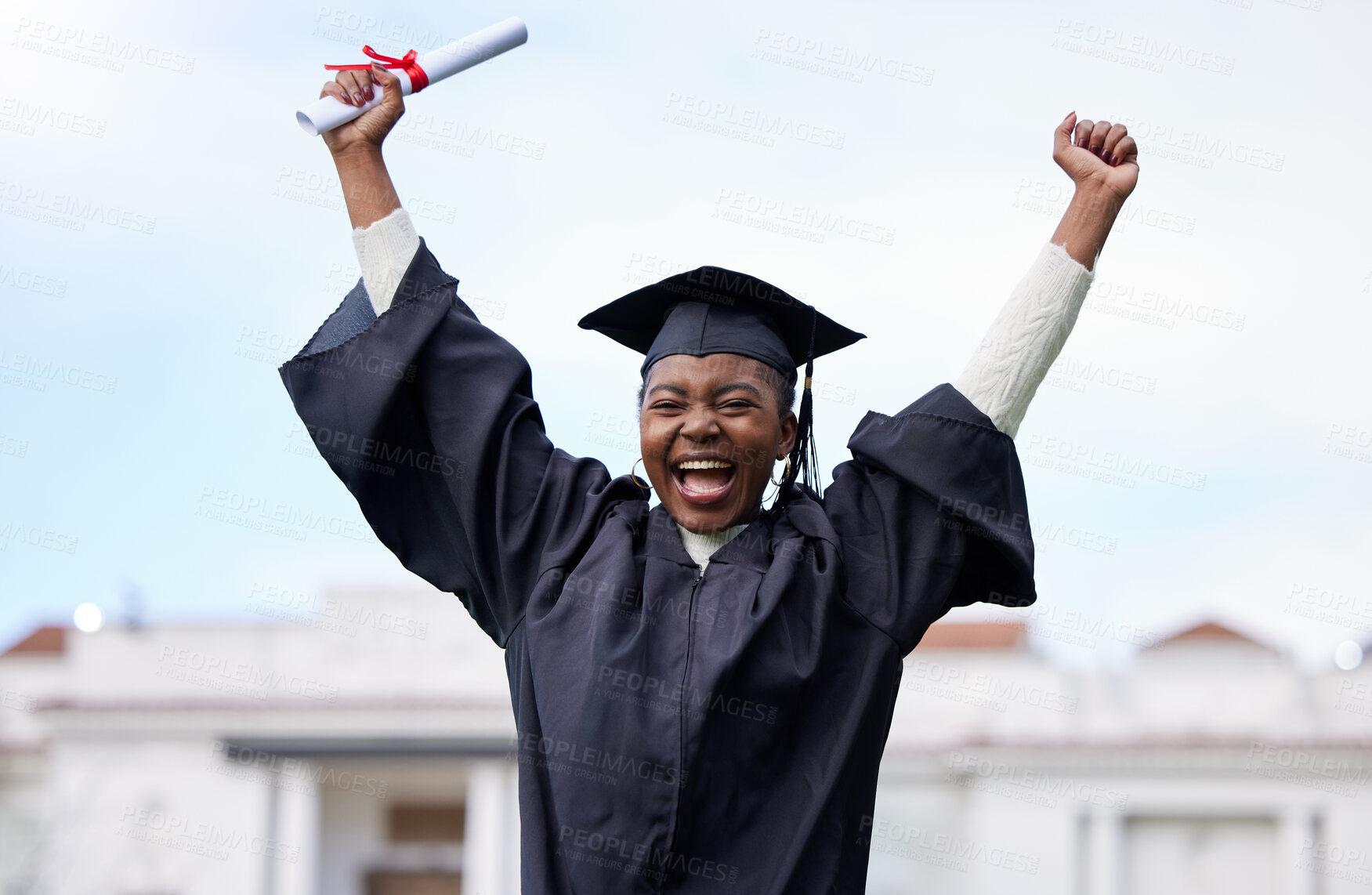 Buy stock photo Black girl, celebrate and diploma for graduation in outdoor, certificate and college or education achievement. Female person, student and degree for learning, scroll and campus ceremony at university