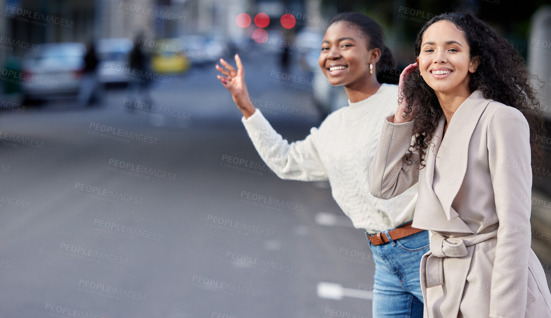 Buy stock photo Woman, hailing and street with friends in city, transport and commute with people in urban downtown for taxi. Tourism, travel and calling for cab, outdoor and tourist with hand gesture or wave