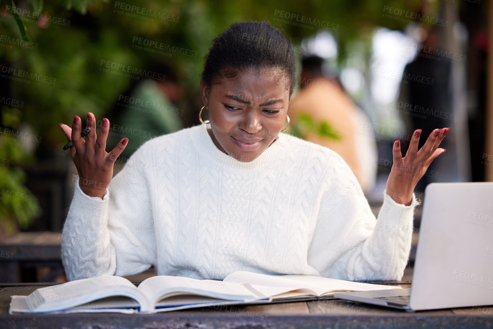 Buy stock photo Woman, confused and student with books in cafe, laptop and online research and studying university person. Hand gesture, stress and information for education, e learning and scholarship project