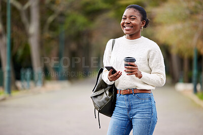 Buy stock photo Phone, books and coffee with an african student woman on her commute to university campus for education. Mobile, social media and drink with a female college pupil thinking about her next lecture