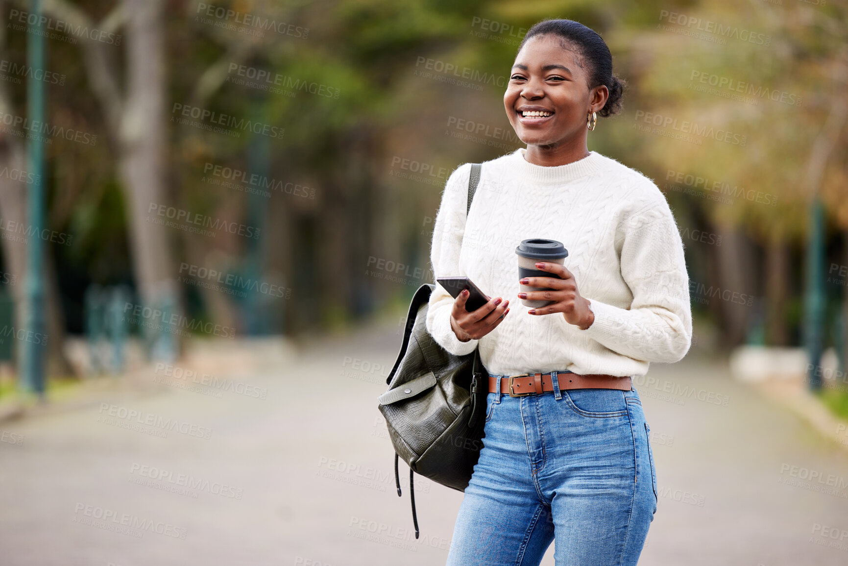 Buy stock photo Phone, books and coffee with an african student woman on her commute to university campus for education. Mobile, social media and drink with a female college pupil thinking about her next lecture
