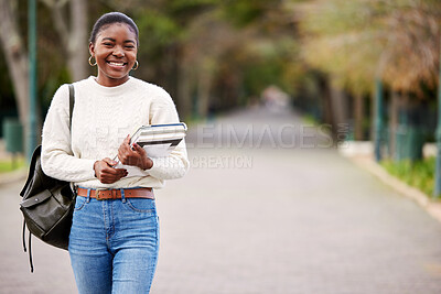 Buy stock photo Black woman, books and portrait of student at college, university or person ready for learning, goals or education. Girl, face and happy learner studying on campus or walking outdoor with backpack