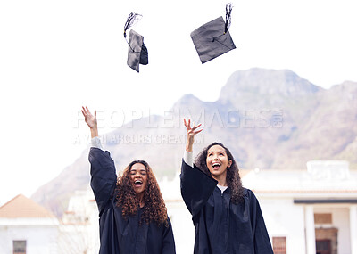 Buy stock photo Graduation, hats and students celebrating academic achievement or graduates together with joy on happy day and outdoors. Friends, education and success for degree or excitement and campus picture