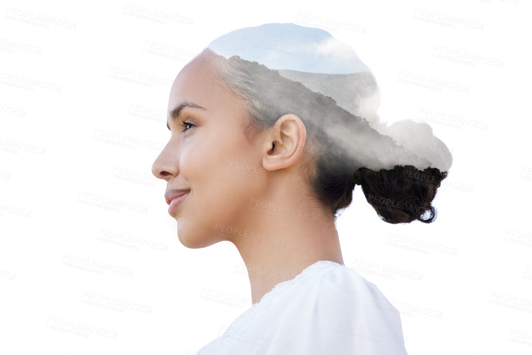Buy stock photo Shot of a beautiful young woman with a mountain superimposed over her face against a white background
