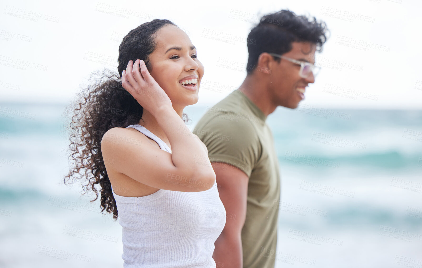 Buy stock photo Couple, beach and nature vacation together, seaside trip and smile for travel or peace for summer break. Romantic, stroll and ocean date or adventure, quality time and relax for outdoor love