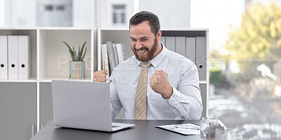 Buy stock photo Fist pump, laptop and businessman in office with celebration, job promotion or career achievement. Happy, technology and male trader with finance stock market on computer for winning at workplace.