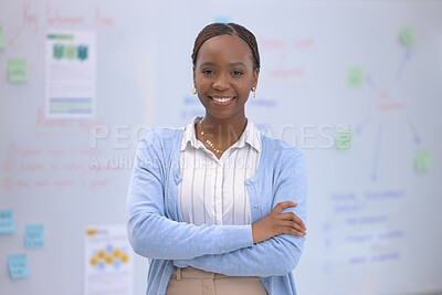 Buy stock photo Office, portrait and black woman with confidence, workshop and business plan on whiteboard. Smile, about us and happy businesswoman with moodboard for strategy, notes and sales data for presentation.