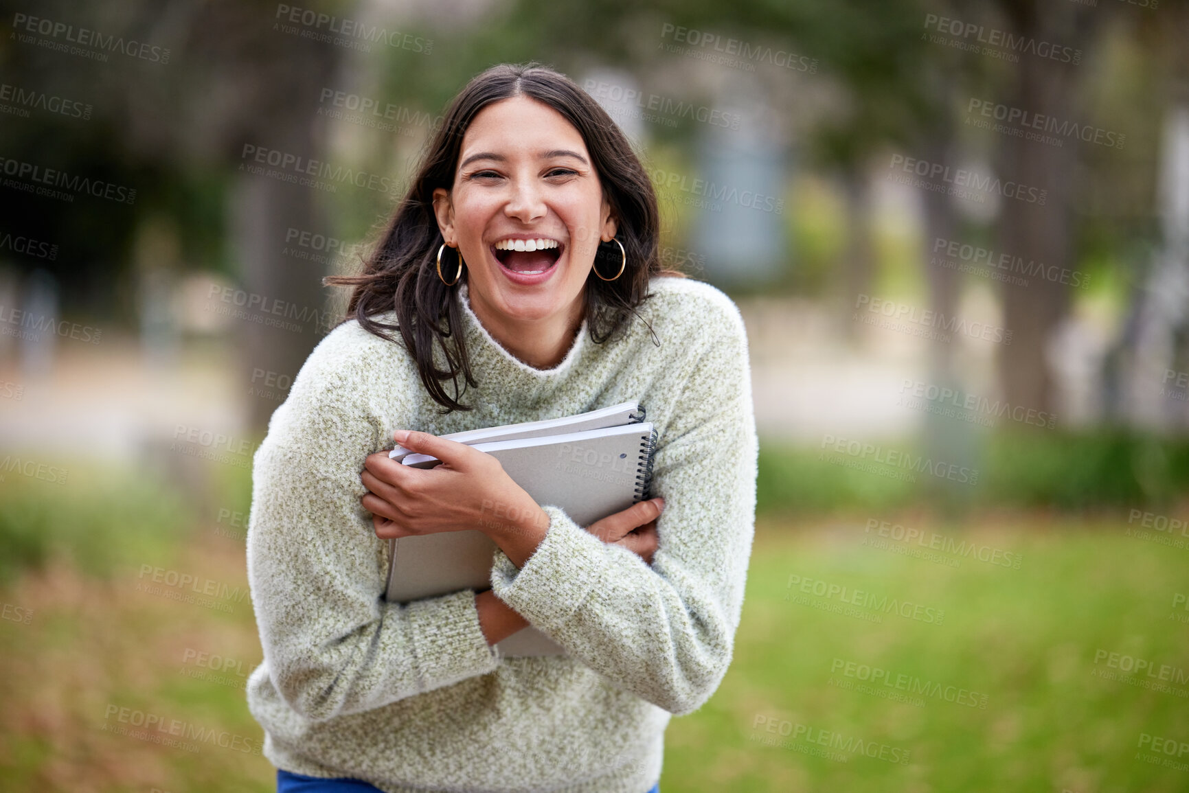 Buy stock photo Student, happy and woman portrait in a park with learning, research and exam info on campus. Smile, laughing and university women with notes, education and college test with a study book outdoor 