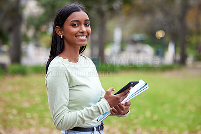 Buy stock photo Campus, smartphone and happy woman or student portrait for university or feedback and school results outdoors. College, mobile and young girl for scholarship application or smile or study information