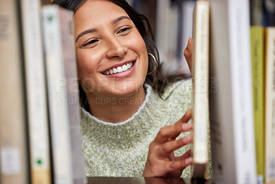 Buy stock photo Student, library and book search of woman with textbook for knowledge, education and study hall. Happy, smile and notebook for college course and class on campus at university learning center