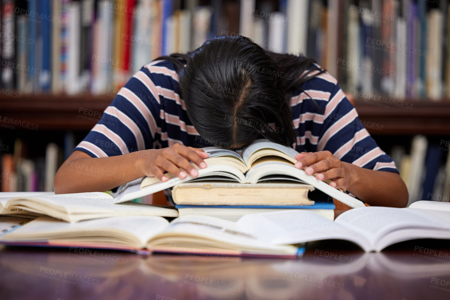 Buy stock photo Student, sleeping and library with woman, burnout and course research burnout from project at school. University, nap and notes with learning, stress and studying with deadline and fatigue on campus