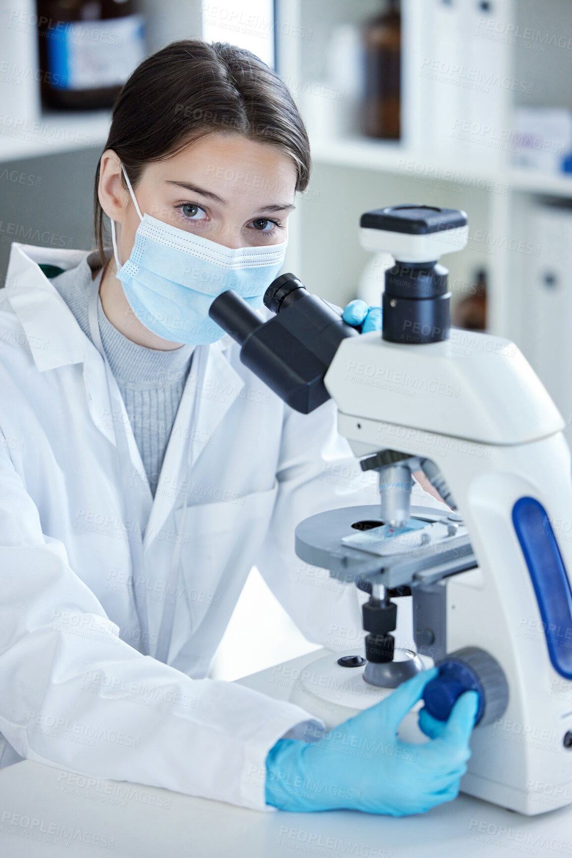 Buy stock photo Laboratory, portrait and woman with microscope, mask and medical research in science. Vaccine innovation, scientist or lab technician for healthcare, medicine and pharmaceutical development with ppe.