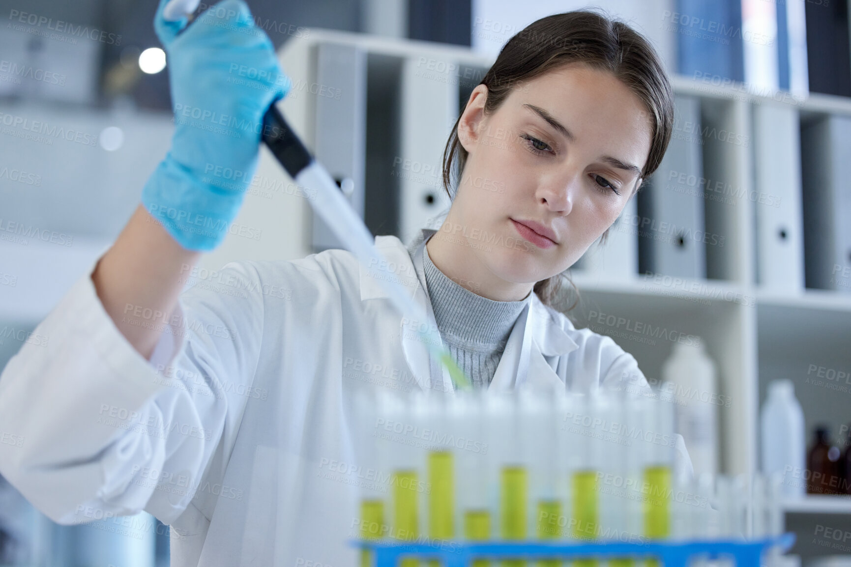 Buy stock photo Woman, dropper and test tube in laboratory for science, gerontology study and experiment for healthcare medicine. Biology, research and innovation with scientist professional, pipette and lab coat