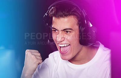 Buy stock photo Man, headset and happy gamer for win with fist, online streamer and victory for esports competition in neon lights. Virtual, video game and fun or user experience, hand gesture and cyber hobby