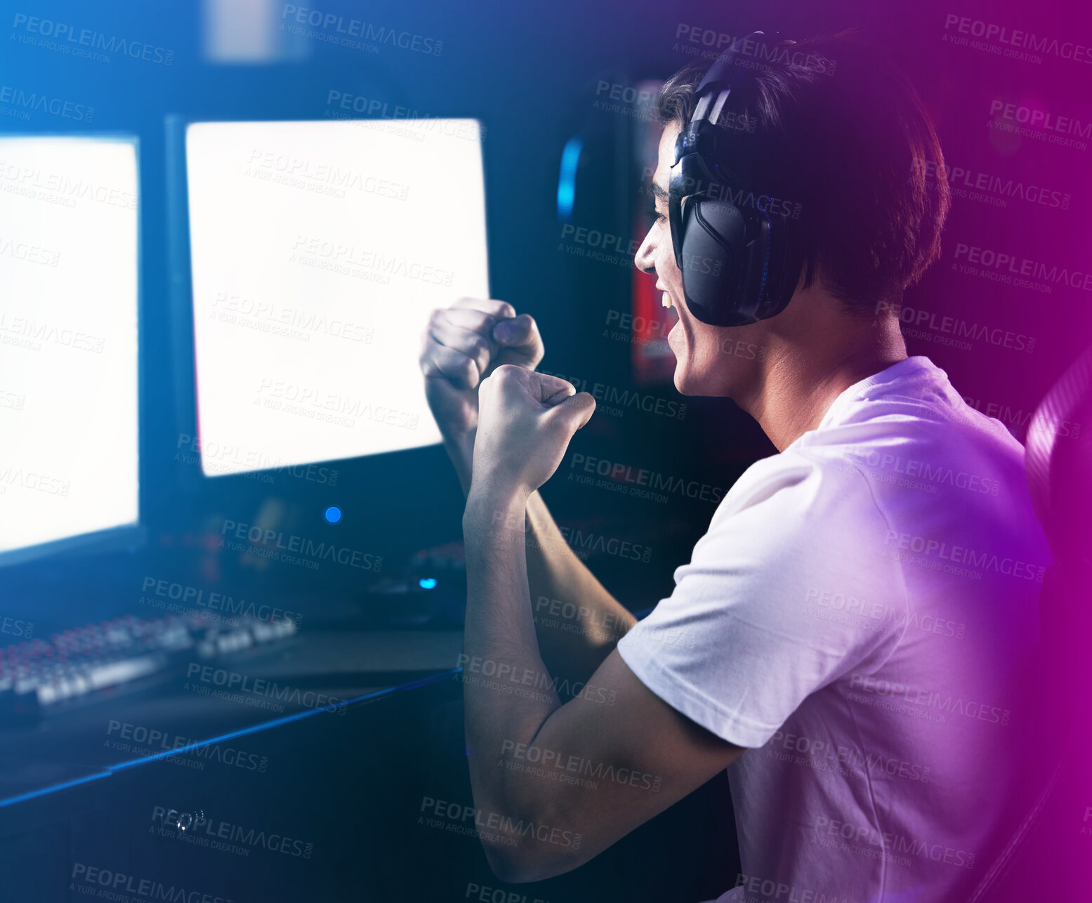 Buy stock photo Neon, man and celebration as pro gamer with computer screen for online video games and excited. Headphones, esports and happy at home with victory on contest, challenge and competition as winner