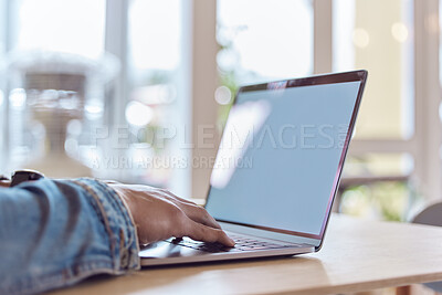 Buy stock photo Person, hands and laptop screen in cafe for browsing, freelancer and remote work with blank communication. Blog, display and computer website for working, typing and internet search with copywriter