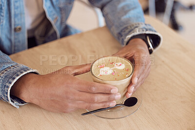 Buy stock photo Hands, relax and man in coffee shop, cafe and customer with weekend break, caffeine product and calm. Closeup, person and guy with cappuccino, espresso and retail with store, client or chai tea latte