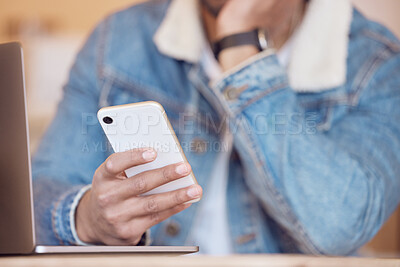 Buy stock photo Hands of man, relax and smartphone in cafe for social media, communication or networking. Online, notification and male person with laptop for browsing internet, trending update or lunch break