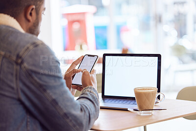 Buy stock photo Man, back and smartphone or laptop mock up in coffee shop, screen and freelancer relax with mobile app. Browse, email and social media or online shopping, remote work and blank communication in cafe