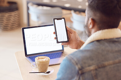 Buy stock photo Man, back and smartphone screen or laptop in coffee shop, mock up and freelancer relax with tech or mobile app. Browse, email and social media or online shopping, male person and blank communication