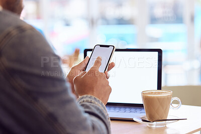 Buy stock photo Man, back and smartphone or laptop mock up in coffee shop, screen and freelancer relax with mobile app. Browse, email and social media or online shopping, remote work and blank communication in cafe