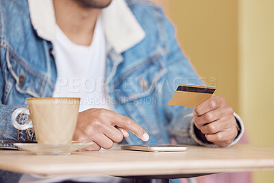 Buy stock photo Man, hands and credit card with smartphone in cafe, customer and fintech app for online shopping or ecommerce. Payment, security information and internet banking on mobile, finance and investing