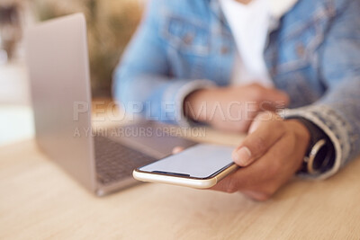 Buy stock photo Man, hands and laptop or smartphone screen for browsing, freelancer and remote work with blank communication. Mock up, display and networking website, scrolling and internet search with copywriter