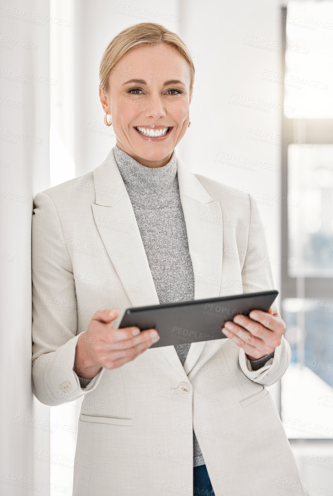 Buy stock photo Portrait, accountant and business woman with tablet in office, workplace or company. Face, technology or happy female entrepreneur, professional or auditor from Australia with pride for career or job
