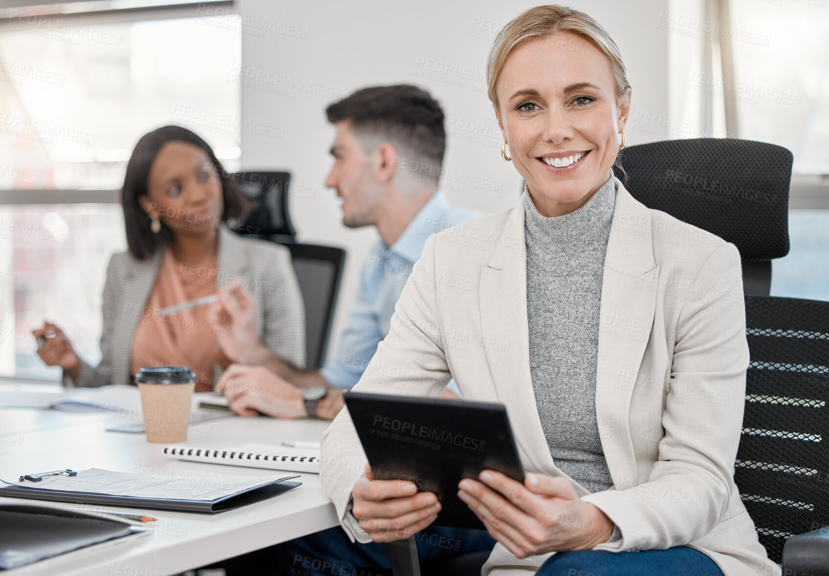 Buy stock photo Portrait, business woman and ceo with tablet in corporate office meeting. Face, confidence and happy female entrepreneur, professional career and executive with success mindset for company leadership