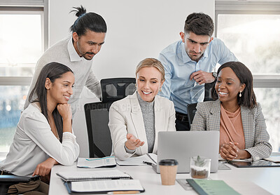 Buy stock photo Accountants, laptop and collaboration of business people in office for meeting. Computer, teamwork and happy group of employees planning strategy, accounting or cooperation together for work email.