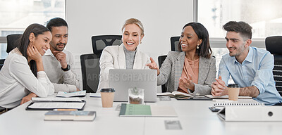 Buy stock photo Laptop, meeting and happy business people with ceo for discussion in corporate office. Computer, teamwork and group of employees with leader talking, planning strategy and brainstorming for email.