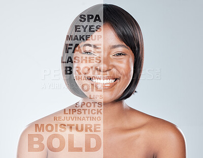 Buy stock photo Skincare, portrait and black woman with text overlay in studio for beauty salon, promotion or cosmetics sale on grey background. Words, letter and face of girl model smile for magazine photoshoot
