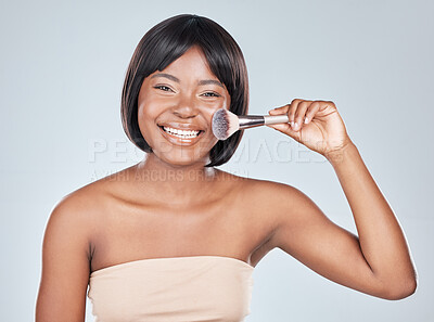 Buy stock photo Brush, makeup and portrait of black woman in studio for wellness, beauty and cosmetics on white background. Cosmetology, skincare and person with tools for spa product application, salon and blush