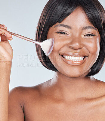 Buy stock photo African woman, makeup brush and portrait in studio with smile, beauty and foundation by background. Girl, person and happy with tools, cosmetics and product for facial skin with powder for aesthetic