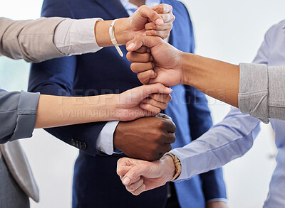 Buy stock photo Business people, fist and hands together for support, teamwork and collaboration at office. Diversity, motivation and success gesture of corporate staff with professional community and solidarity