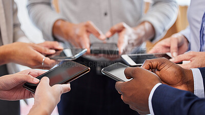 Buy stock photo Circle, business people and hands with smartphone, typing and internet with connection, teamwork and digital app. Group, closeup and employees with mobile user, cellphone and cooperation with contact