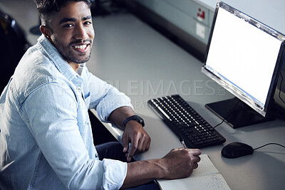 Buy stock photo Man, student and portrait with writing notebook at IT college with smile for education with coding. Person, e learning and mockup space on computer screen for programming, study and academy in Mumbai