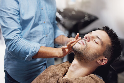 Buy stock photo Barber, man and salon for grooming client in barbershop with hands, person and skincare. Professional Hairdresser, face and antiaging or groom for moustache treatment, self care and customer haircare