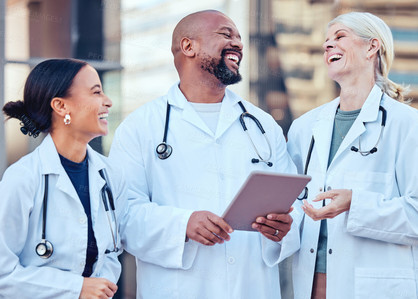 Buy stock photo Doctor team, laughing and healthcare worker with tablet and funny joke of medical group. Diversity, technology and laugh of hospital and wellness clinic staff together with happiness and tech results