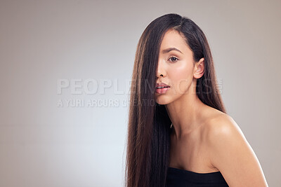 Buy stock photo Hair care, portrait and woman in studio for keratin treatment, shampoo or cosmetics on gray background. Hairstyle, beauty and collagen model with texture for satisfaction, growth or shine by mockup