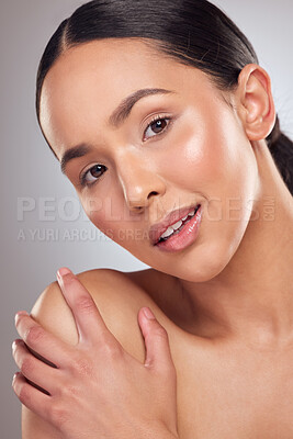 Buy stock photo Beauty, hand and portrait with natural woman closeup in studio on gray background for wellness. Aesthetic, face and skincare with shoulder of model at spa for cosmetics or dermatology treatment