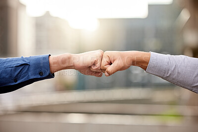 Buy stock photo Fist bump, hands and business people with collaboration, partnership or support with goals, teamwork or growth. Closeup, staff or coworkers with hand gesture, unity or trust with cooperation and deal