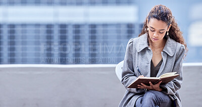 Buy stock photo Balcony, business woman and writing on notebook for journal, diary or planner to remember meeting. Rooftop, journalist or content writer with book for information, questions and news article draft
