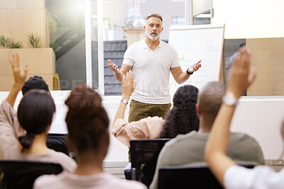 Buy stock photo Business, speaker and man in a conference room, presentation and question for corporate training. Male person, leader and staff in a workshop, feedback and coaching for growth and company development