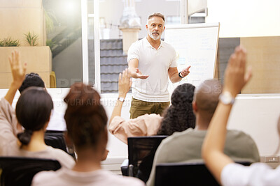 Buy stock photo Presentation, staff and man in a conference room, teamwork and questions for company training. Male person, leader and group in a workshop, speaker and manager with support, meeting and solidarity