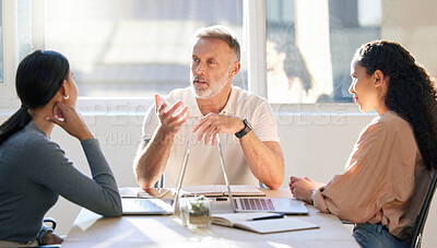Buy stock photo Confident, business and team for meeting in office with communication for feedback, reviews and collaboration for project growth. Male manager, woman and workshop as group for support or cooperation