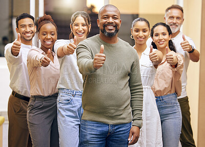 Buy stock photo Man, portrait and team with thumbs up in diversity for affirmative action, good job or well done at office. Creative group of business employees smile, like emoji or yes sign for equality or startup
