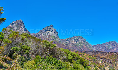 Buy stock photo Landscape, mountain view and blue sky of Twelve Apostles with copy space in remote countryside hiking forest. Scenery of famous landmark in an environmental nature reserve in Cape Town, South Africa