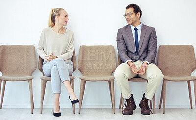 Buy stock photo Conversation, row and people for business interview and waiting for meeting with hr, communication and talking. Man, woman and sitting for recruitment or hiring by corporate company and appointment.